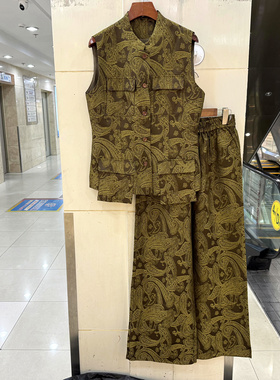 3078-DFQ26 复古提花大口袋马甲外套+直筒裤轻奢洋气两件套春装女