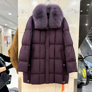 HFX25220 大狐狸毛领口袋抽绳加厚休闲高端中长鹅绒羽绒服欧货冬