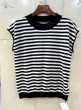 T97-88420 时尚圆领飞飞袖弹力显瘦冰丝条纹针织衫上衣欧货春夏