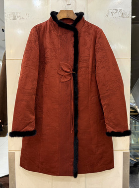 7087 流苏订花水貂毛边立领人丝香云纱国风中长鹅绒羽绒服欧货冬