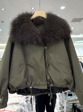 静魅D815 大狐狸毛领门禁毛三粒扣休闲减龄短装羽绒派克服外套冬