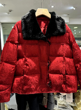 CZ25968 仿水貂毛大翻领蝴蝶结三粒扣人丝提花国风短羽绒服欧货冬