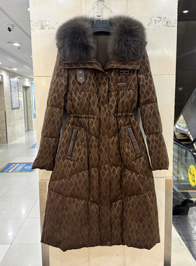 J66069-1 高端大狐狸毛领抽绳收腰菱形格加厚长款鹅绒羽绒服冬装