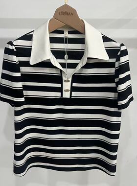 TFN262-7507 时尚撞色POLO翻领减龄百搭显瘦条纹T恤小衫上衣夏装