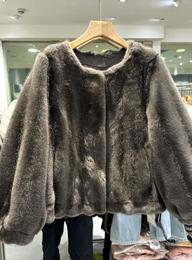 D27562 欧货冬装2025款时尚圆领灯笼袖皮毛一体鱼尾貂皮草短外套