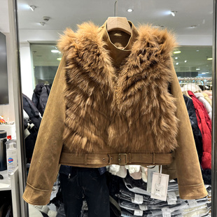 韩伊雪H58169 狐狸毛皮草马甲+斜门禁立领麂皮绒鹅绒羽绒服套装冬