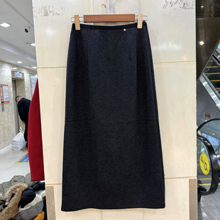 Beauty 一粒贝壳扣松紧腰后开叉加绒加厚绵羊毛中长半身裙冬 6252