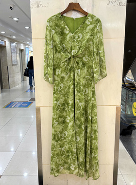 L69156 镶钻V领链条皱褶胸前七分飞飞袖豹纹花气质中长连衣裙夏装