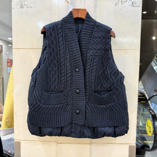 JD1300 高端几何花羊毛针织拼接V领单排扣鹅绒羽绒马甲外套冬