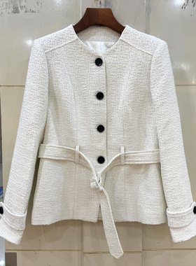 墨雪MX26215 单排扣圆领系带收腰小个羊毛呢小香风外套春装2026