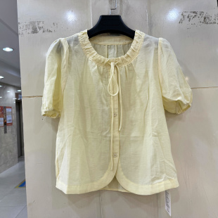 33-X28210 飘带抽绳圆领束口短袖减龄短装天丝亚麻衬衫上衣夏装女
