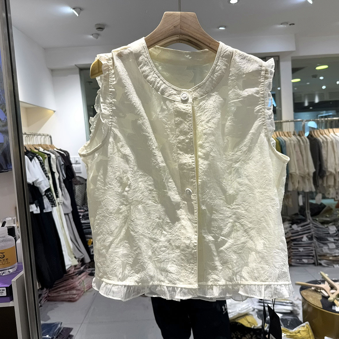 198588 木耳花边提花休闲减龄圆领短装无袖马甲衬衫短上衣夏装