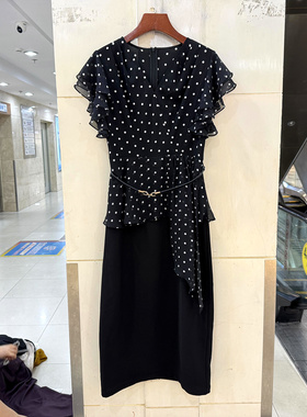 51016-BJS26 时尚荷叶边飞飞袖V领波点拼接假两件连衣裙欧货夏装