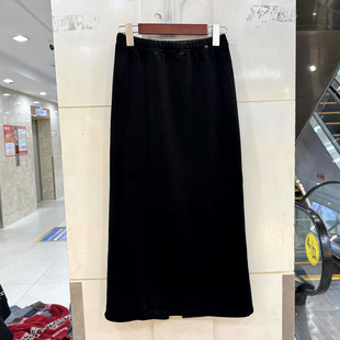 贝壳扣松紧高腰后开叉加绒加厚丝绒中长半身裙H裙 Beauty 6200