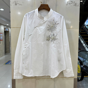 JD656 上衣春2026 斜门禁扣立领钉珠亮片刺绣花重工洋气纯棉白衬衫