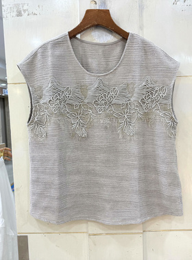 37060 重工刺绣花圆领休闲宽松轻奢无袖苎麻衬衣马甲上衣欧货夏装