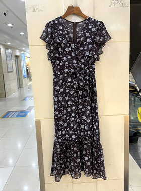 6901-DFQ26 荷叶边飞飞袖V领侧系带腰小碎花鱼尾中长连衣裙欧货夏