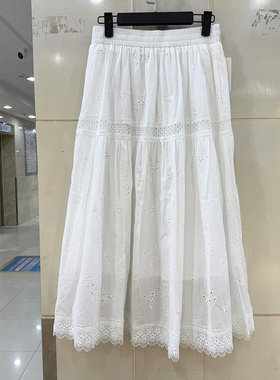 33-8043 欧洲站春装2026款松紧腰镂空蕾丝烧花清新A字中长半身裙