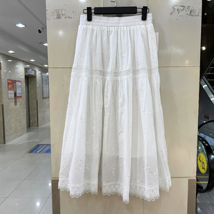 33-8043 欧洲站春装2026款松紧腰镂空蕾丝烧花清新A字中长半身裙