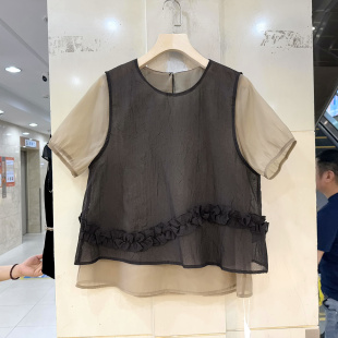 素感89017 斜木耳花边撞色马甲休闲假两件玻璃纱衬衣上衣夏装正品