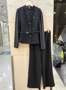依米莎26A015 立领内搭流苏毛边腰带马甲+直筒裤毛呢三件套裤春装