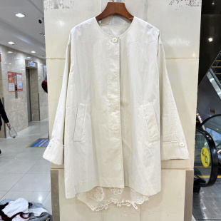 22871 单排扣圆领拼蕾丝下摆休闲A字中长风衣外套 欧货春2026时尚