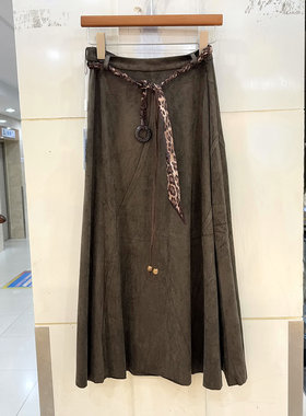 A7166豹纹腰带麂皮绒中长半身裙