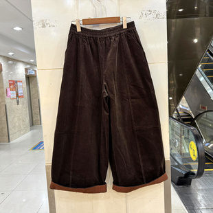 FF266052 松紧高腰撞色卷裤脚休闲宽松阔腿灯芯绒气球裤女裤秋装