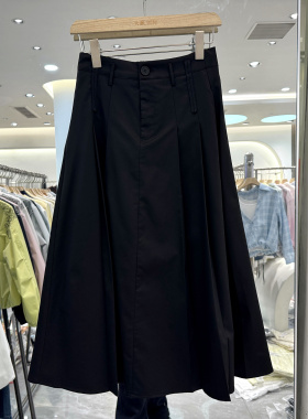 变色鸟2626 一粒扣后松紧高腰压褶减龄A字中长半身裙仙女裙欧货春