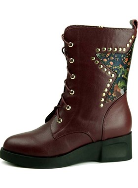 KUUKI高琪包邮女靴休闲尖圆头中跟牛皮面小坡跟短筒时装靴63471