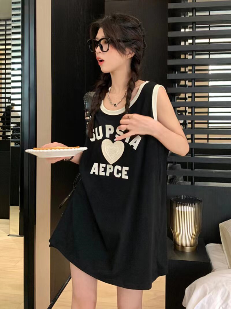 纯棉印花字母背心连衣裙女夏季宽松显瘦运动休闲无袖t恤黑色短裙