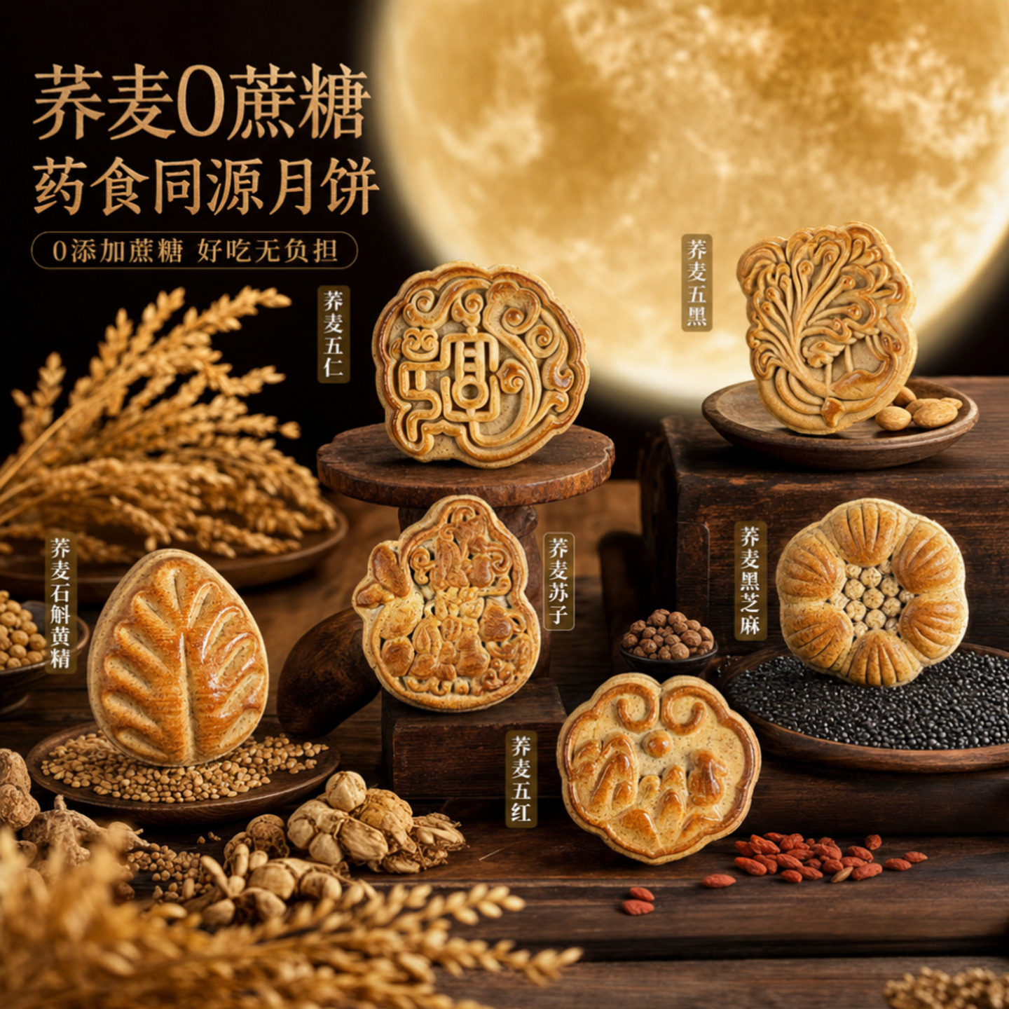 清真荞麦月饼药食同源0蔗糖杂粮糖尿人中老年专用木糖醇老式五仁