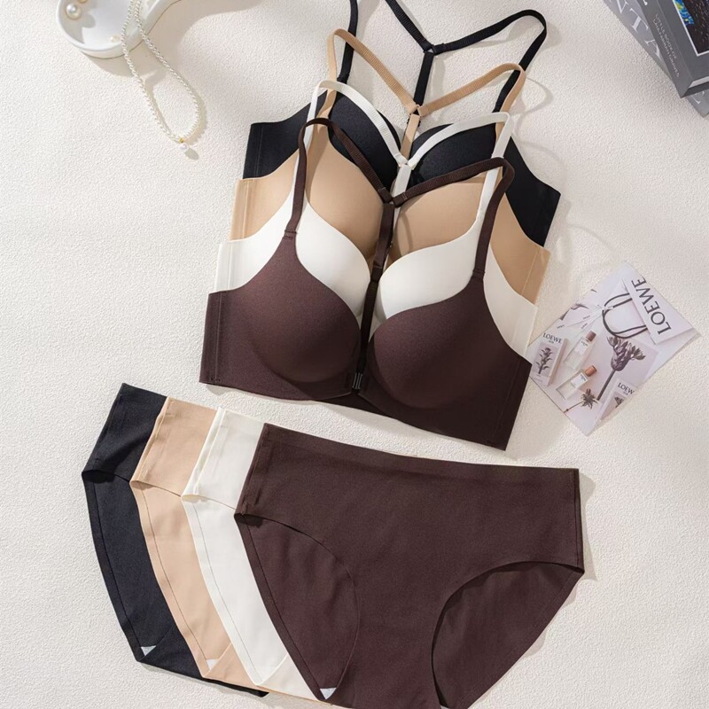 中厚杯前扣聚拢内衣女小胸上托显大Y型美背无痕收副乳文胸套装