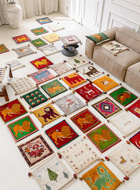 视觉味道 波斯纯手工游牧动物狮子Gabbeh羊毛椅垫小方地毯Shiraz