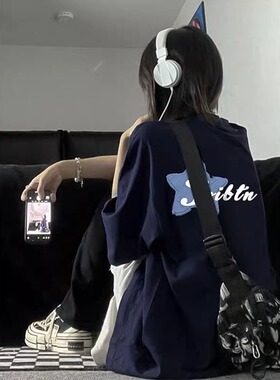 纯棉藏蓝色短袖t恤女2026新款夏季宽松美式复古小众半袖潮牌上衣
