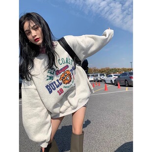 灰色圆领卫衣外套女2026新款秋冬季加绒加厚宽松卡通印花春秋上衣