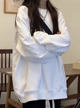 100%纯棉vintage白色卫衣女宽松无帽秋冬加绒加厚2025年新款ins潮