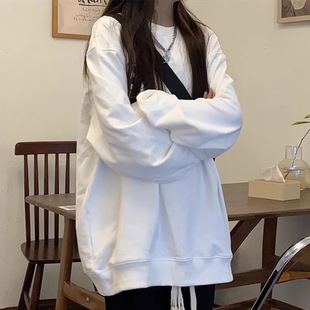 纯棉vintage白色卫衣女宽松无帽秋冬加绒加厚2026年新款ins潮