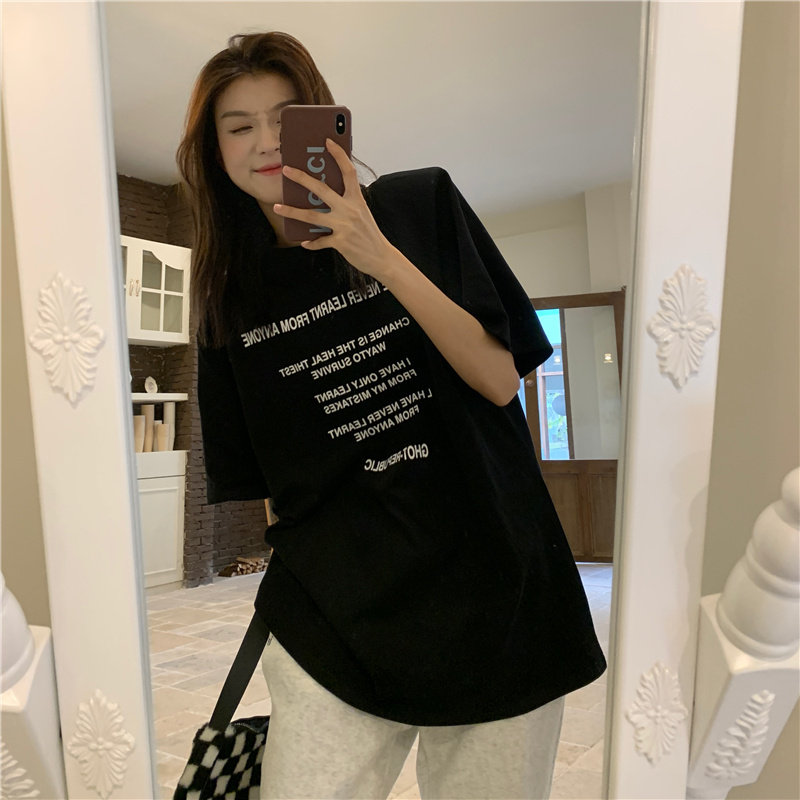 纯棉字母印花短袖T恤女夏季ins潮牌美式复古chic港风oversize上衣