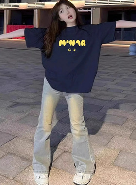 纯棉藏蓝色短袖T恤女2025新款夏季美式高街宽松半袖设计感上衣ins