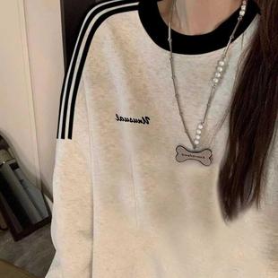 春秋冬加绒加厚宽松薄款 爆款 上衣 条纹无帽圆领卫衣女2025新款 美式