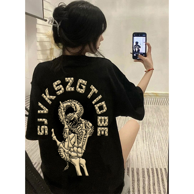 短袖美式复古常规印花纯棉女