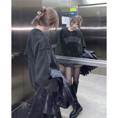 纯棉做旧黑色oversize美式 卫衣女秋冬加绒加厚hiphop潮牌慵懒上衣