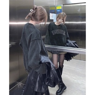 纯棉做旧黑色oversize美式 卫衣女秋冬加绒加厚hiphop潮牌慵懒上衣