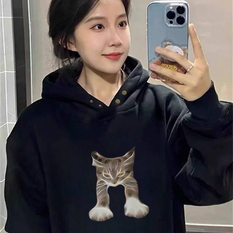 黑色纽扣连帽卫衣女秋冬加绒加厚美式宽松卡通猫咪慵懒风百搭外套,女装/女士精品,卫衣/绒衫,淘宝优惠券,粉丝福利购,淘宝优惠卷