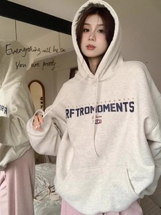 重磅纯棉灰色连帽卫衣女秋冬加绒加厚休闲慵懒风chic美式 复古外套