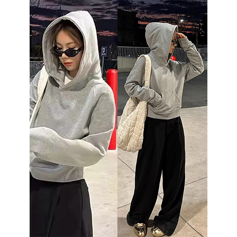 灰色短款卫衣女2025新款小个子秋冬加绒加厚设计感小众连帽衫外套,女装/女士精品,卫衣/绒衫,淘宝优惠券,粉丝福利购,淘宝优惠卷