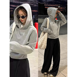 灰色短款卫衣女2025新款小个子秋冬加绒加厚设计感小众连帽衫外套