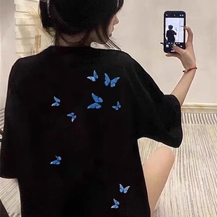 高街宽松半袖 纯棉黑色短袖 美式 t恤女2025新款 体恤设计感上衣 爆款