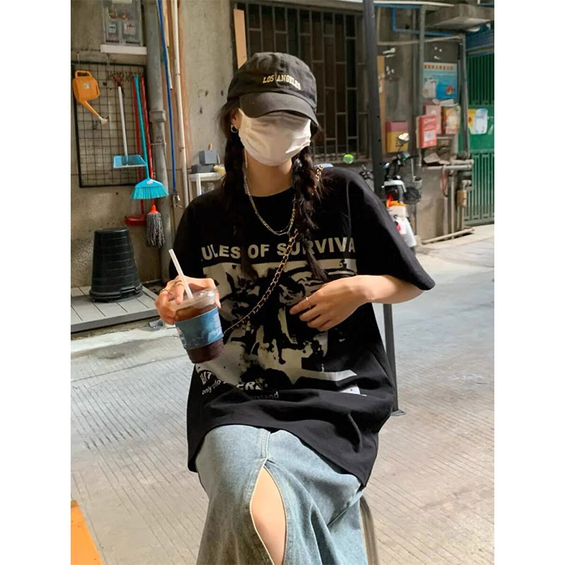 短袖美式复古常规印花纯棉女